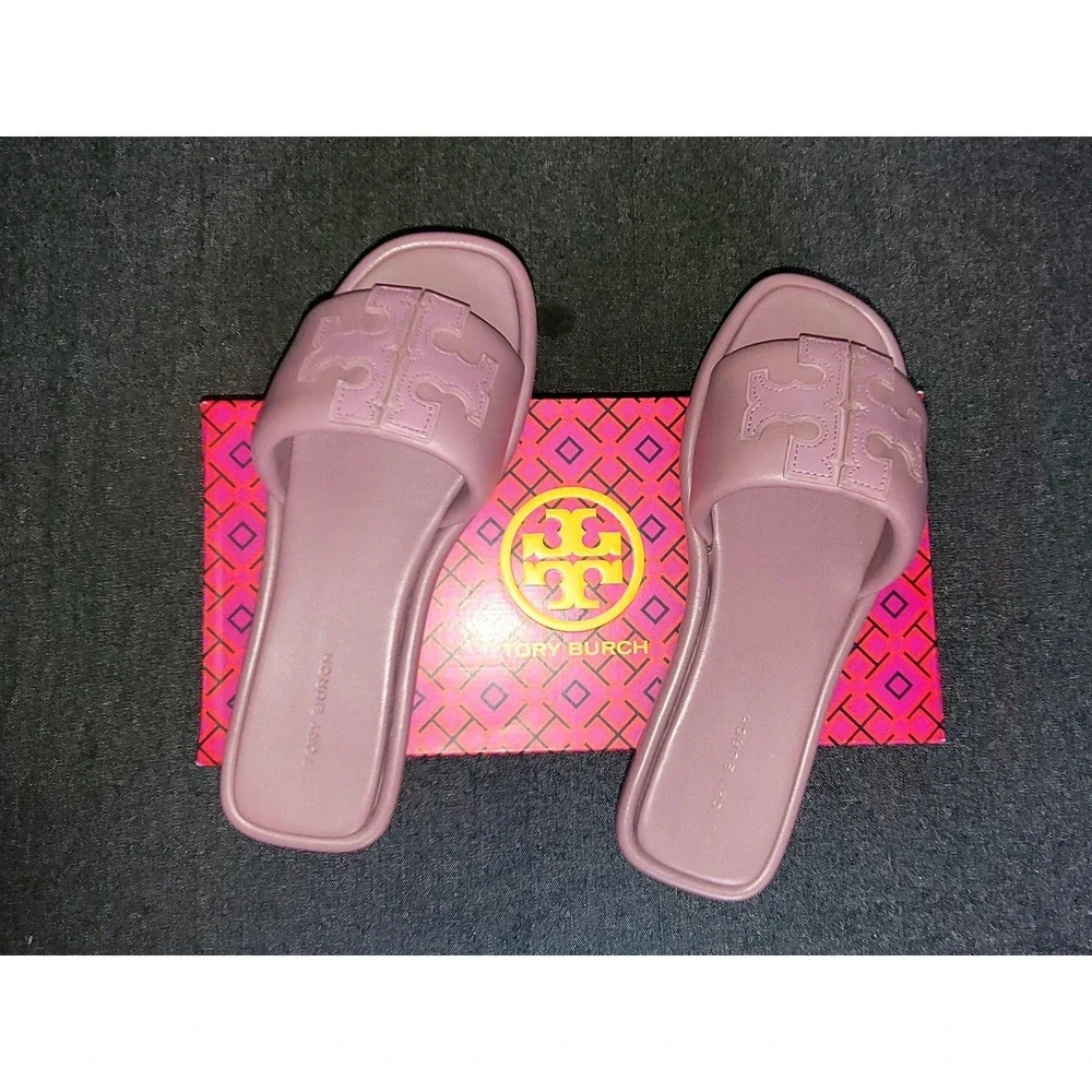 Tory Burch Double T Sport Slide Cipria Size 6.5 Leather Dusty Purple New In Box